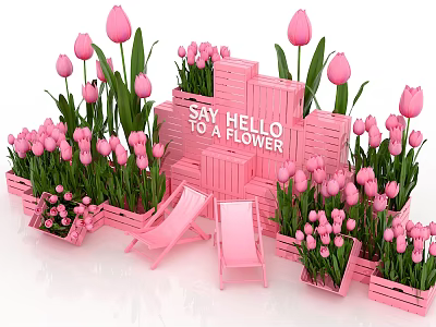 Pink Tulip Flower Displays in Wooden Planters with Deck Chairs and Hello Sign 3d model