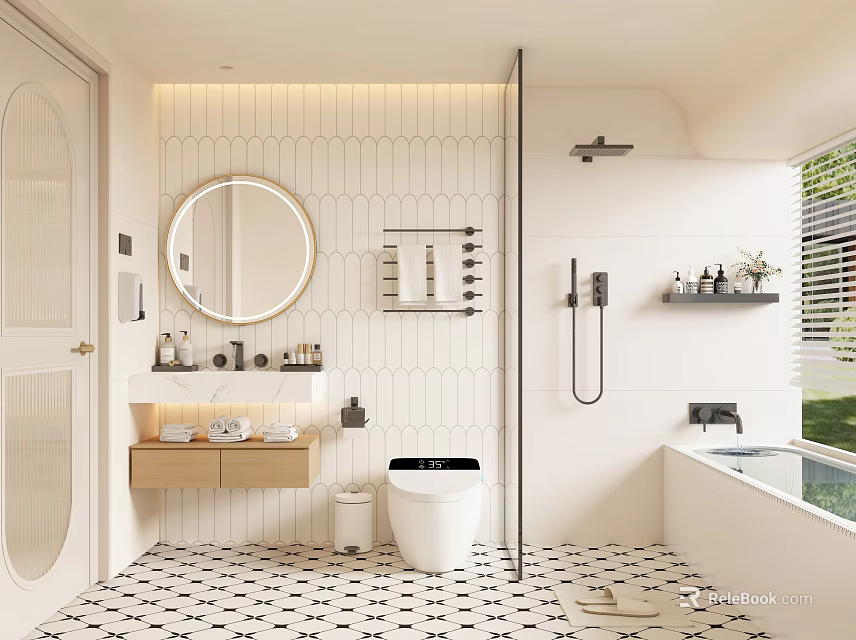 Modern Bathroom Interior With Round Mirror Hexagonal Tile Wall Bathtub And Black White Floor Tiles 3d model 