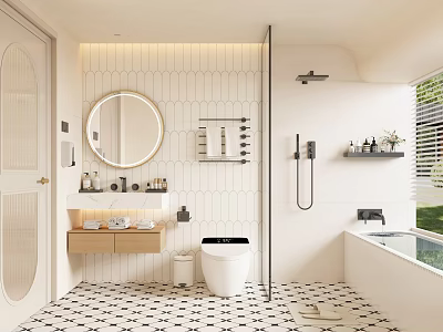 Modern Bathroom Interior With Round Mirror Hexagonal Tile Wall Bathtub And Black White Floor Tiles 3d model