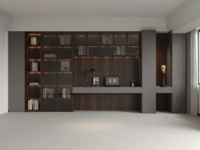 Modern Wooden Bookcase With Open Display Shelves Desk Table Lamp And Decorative Pieces 3d model
