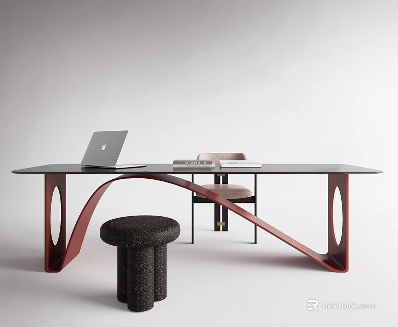 Modern Office Desk With Black Tabletop Red Curved Frame Laptop Beige Chair And Black Stool 3d model 