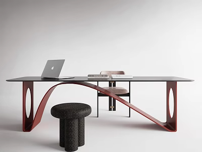 Modern Office Desk With Black Tabletop Red Curved Frame Laptop Beige Chair And Black Stool 3d model