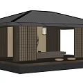 Japanese Garden Pergola Featuring Wooden Lattice Panels Roof Platform Circular Decorative Screen And Cushions