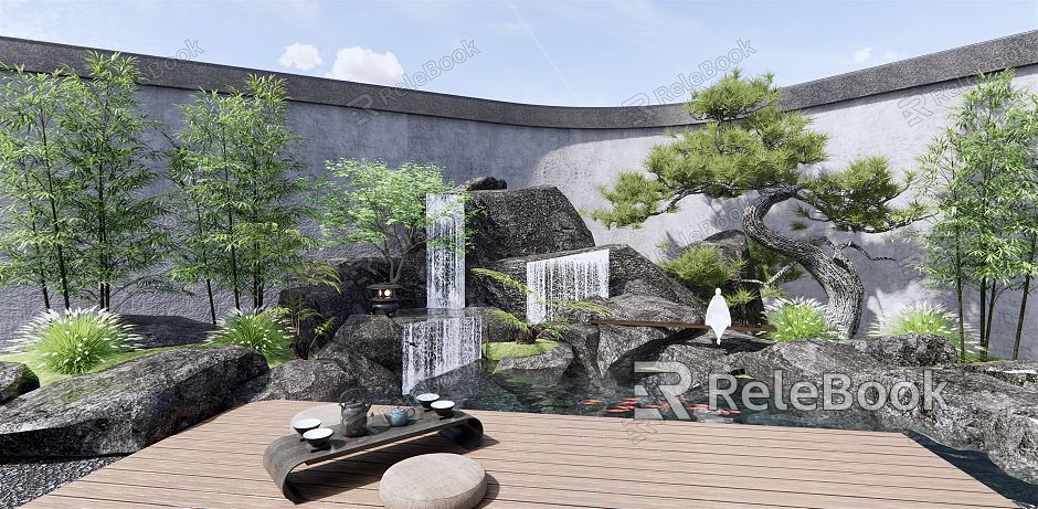 New Chinese style courtyard rockery waterscape stone withered landscape pine tree waterscape black mountain stone tea table and chair tea table bamboo flowers courtyard waterscape model