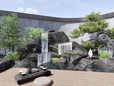 New Chinese style courtyard rockery waterscape stone withered landscape pine tree waterscape black mountain stone tea table and chair tea table bamboo flowers courtyard waterscape model