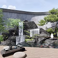 Rockery Stones With Waterfall Koi Pond Pine Trees And Wooden Deck In Garden