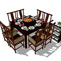 Wooden Round Dining Table Set With Six High Back Chairs And Turntable Tableware 3d model