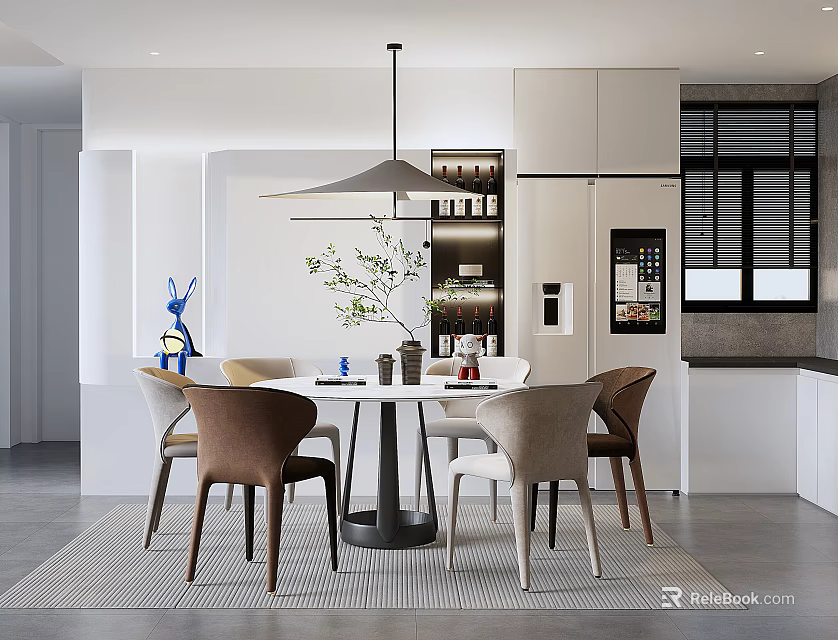 Bright Modern Dining Room With Round Table Brown Beige Chairs Pendant Light And White Cabinets 3d model 