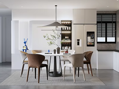 Bright Modern Dining Room With Round Table Brown Beige Chairs Pendant Light And White Cabinets 3d model