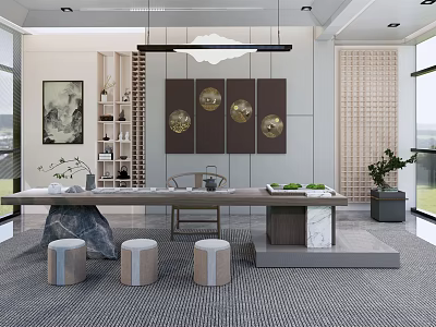 Traditional Tea Room Interior With Wooden Table Tea Sets Decorative Art And Green Plants 3d model