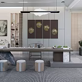 Traditional Tea Room Interior With Wooden Table Tea Sets Decorative Art And Green Plants