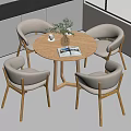 Modern Round Wooden Table And Beige Curved Backrest Chairs Set With Potted Plant And Magazines