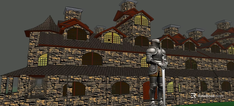 Cartoon Scene Of Medieval Castle With Stone Walls Red Roofs And Armored Knight 3d model 