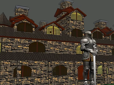 Cartoon Scene Of Medieval Castle With Stone Walls Red Roofs And Armored Knight 3d model
