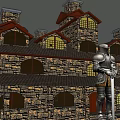 Cartoon Scene Of Medieval Castle With Stone Walls Red Roofs And Armored Knight