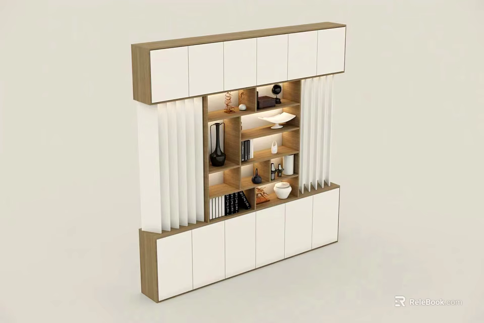 Modern Display Cabinet Shelf With White Wooden Design And Multiple Decorative Compartments 3d model 