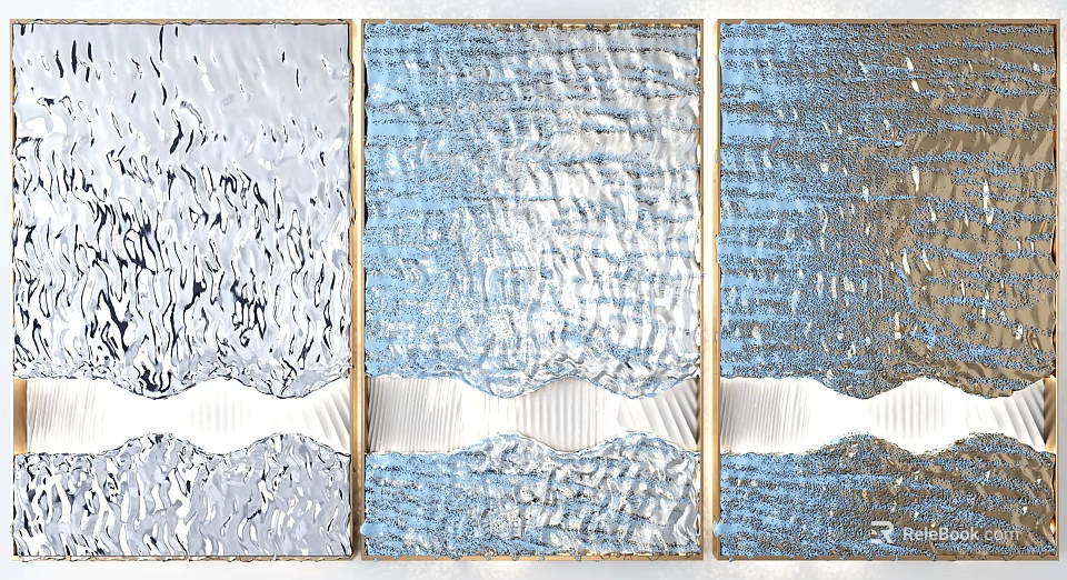 Modern Blue Silver Wavy Texture Triple Panel Wall Decor Artwork 3d model 