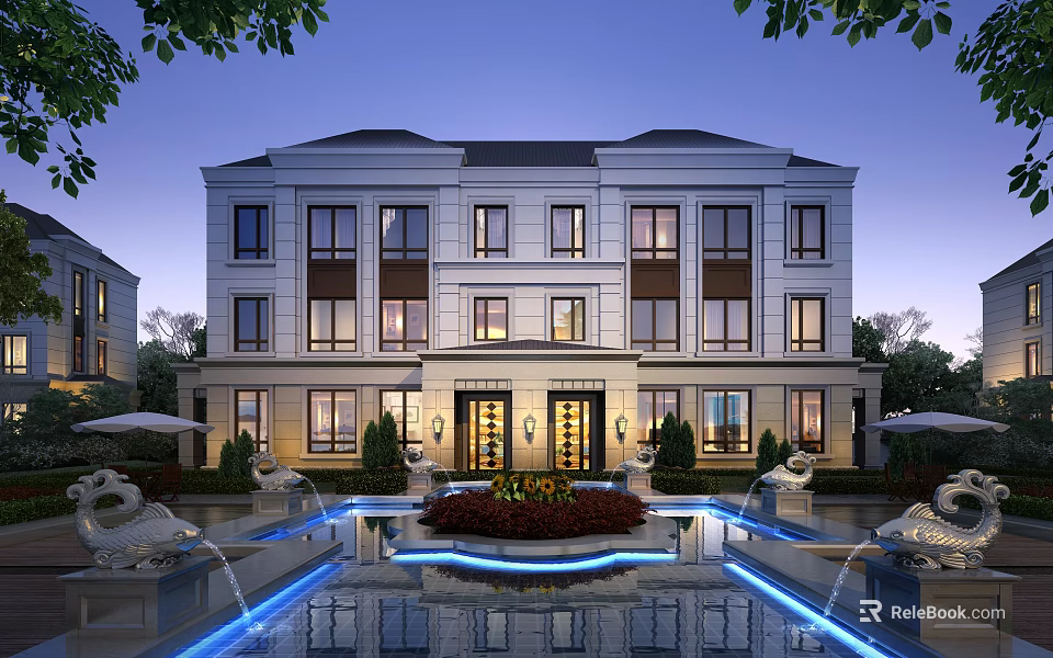 Luxury Detached Villa With Classical Exterior Front Fountain Water Features Lush Greenery And Evening Lighting 3d model 