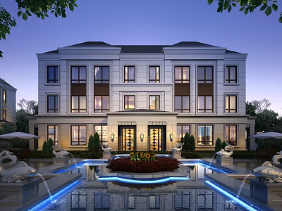 Luxury Detached Villa With Classical Exterior Front Fountain Water Features Lush Greenery And Evening Lighting 3d model