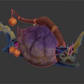 Cartoon Dragon Boat With Wooden Structure Purple Cloth Gold Wave Pattern And Yellow Lanterns