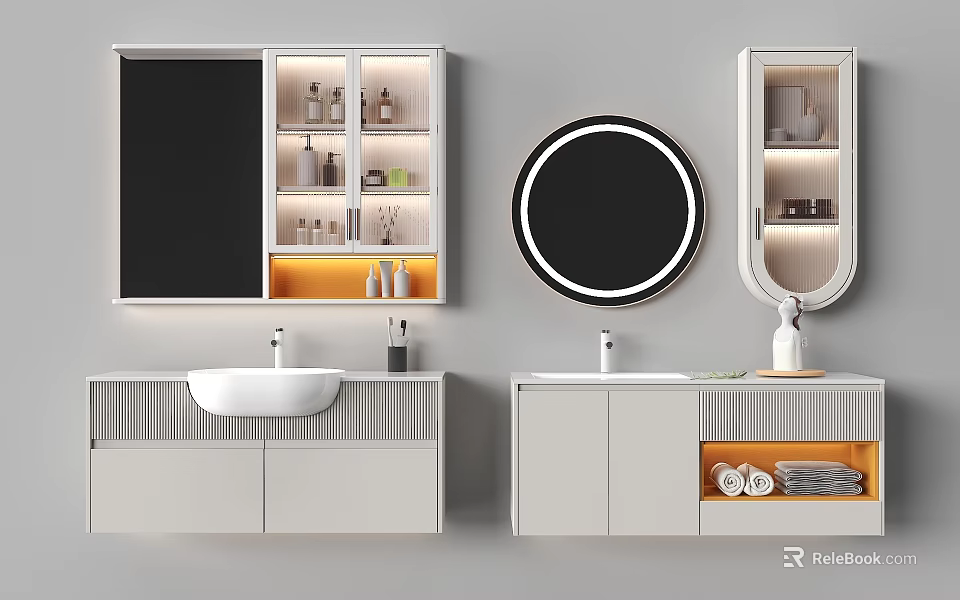 Modern Bathroom Washbasin Vanity With Illuminated Mirror Storage Cabinets And Towels 3d model 