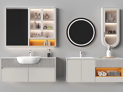 Modern Bathroom Washbasin Vanity With Illuminated Mirror Storage Cabinets And Towels 3d model