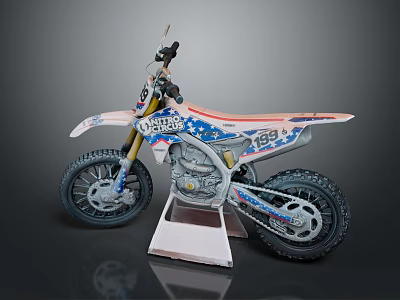 Yamaha Off Road Motorcycle With Red White Blue Graphics And Number 189 On Display Stand 3d model