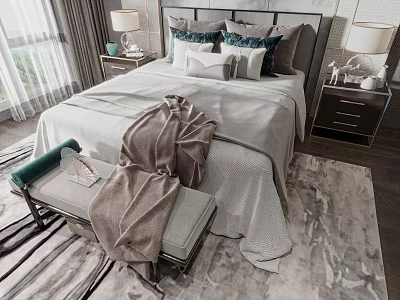 Elegant Modern Double Bed with Layered Gray Green Pillows Bed Bench Blanket Nightstands Table Lamps 3d model