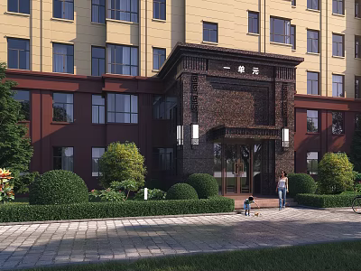 Residential Building Exterior Wall with Yellow Brown Facade Decorative Brick Entrance and Landscaped Shrubs 3d model