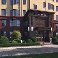 Residential Building Exterior Wall with Yellow Brown Facade Decorative Brick Entrance and Landscaped Shrubs