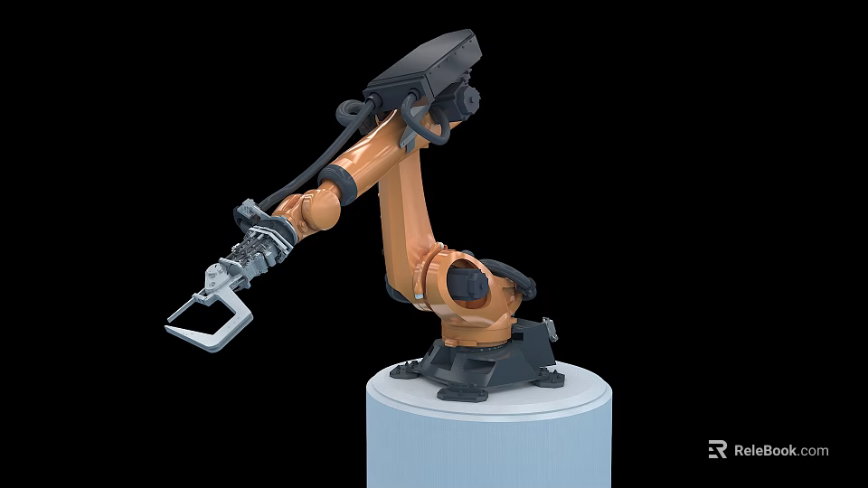 Intelligent Robotic Arm With Orange Mechanical Claw Grabber And White Base 3d model 