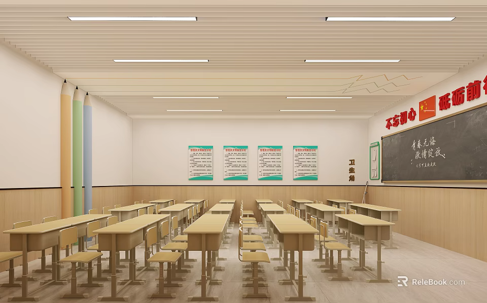 School Classroom Interior With Neat Desks Chairs Blackboard Educational Posters And Bright Lighting 3d model 