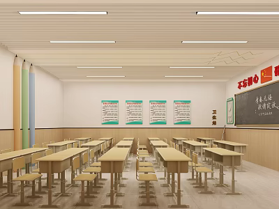 School Classroom Interior With Neat Desks Chairs Blackboard Educational Posters And Bright Lighting 3d model