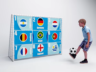 Young Boy Kicking Football Towards Soccer Goal With Numbered Panels And National Flags 3d model