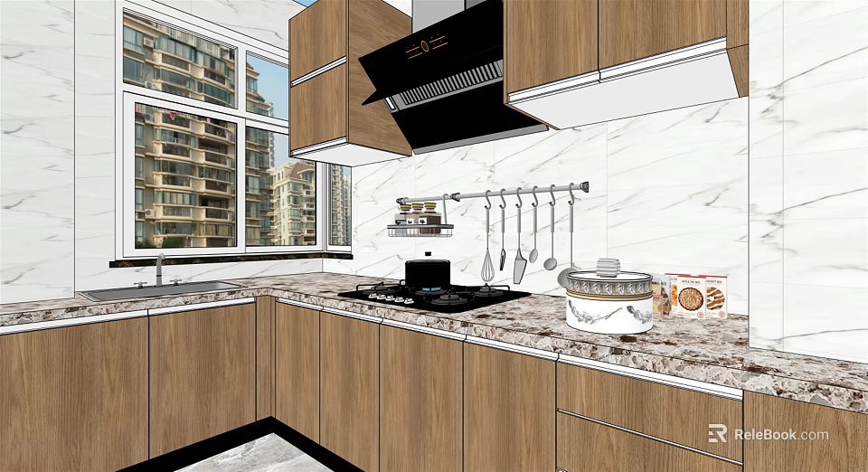 Modern Kitchen Interior With Wooden Cabinets Marble Countertop And Range Hood 3d model 