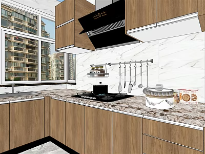 Modern Kitchen Interior With Wooden Cabinets Marble Countertop And Range Hood 3d model