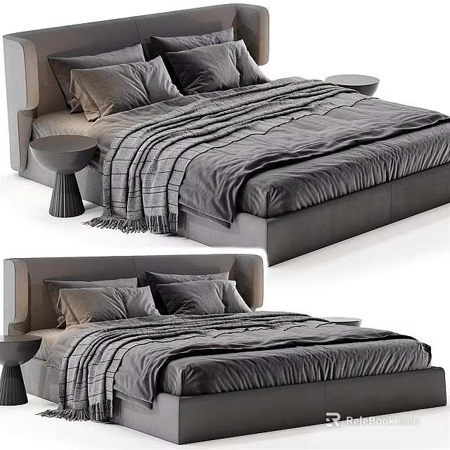 Modern Double Bed With Gray Bedspread Pillows Headboard And Round Nightstands 3d model 