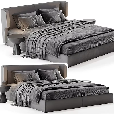 Modern Double Bed With Gray Bedspread Pillows Headboard And Round Nightstands 3d model