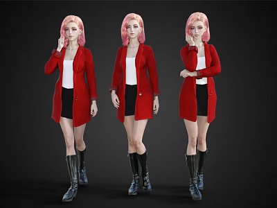 Three Women with Pink Hair Red Coats White Tops Black Skirts Black Boots Different Poses 3d model