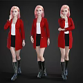 Three Women with Pink Hair Red Coats White Tops Black Skirts Black Boots Different Poses