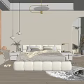 Cozy Beige Bedroom Interior With White Padded Bed Wooden Flooring And Arched Mirror