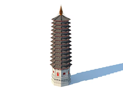 Traditional Chinese Multi Tiered Tower With Ornate Eaves Red Doors And White Stone Base 3d model