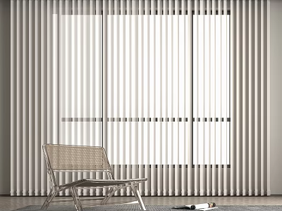White Vertical Striped Blinds In Modern Interior With Wicker Chair And Magazines 3d model