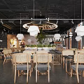 Modern Restaurant Interior With Wooden Chairs Hanging Pendant Lights And Green Plants