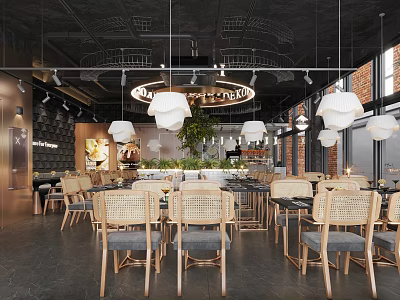 Modern Restaurant Interior With Wooden Chairs Hanging Pendant Lights And Green Plants 3d model