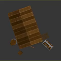 Small Wooden House with Open Door Leaning Ladder Storage Chest And Side Chair
