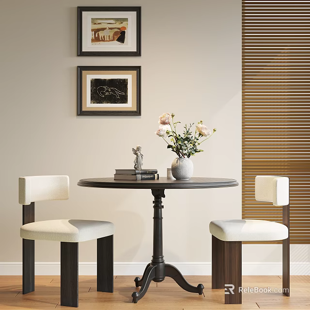 Elegant Round Table Two Chairs Set White Upholstered Seats Dark Wood Legs Vase With Flowers 3d model 