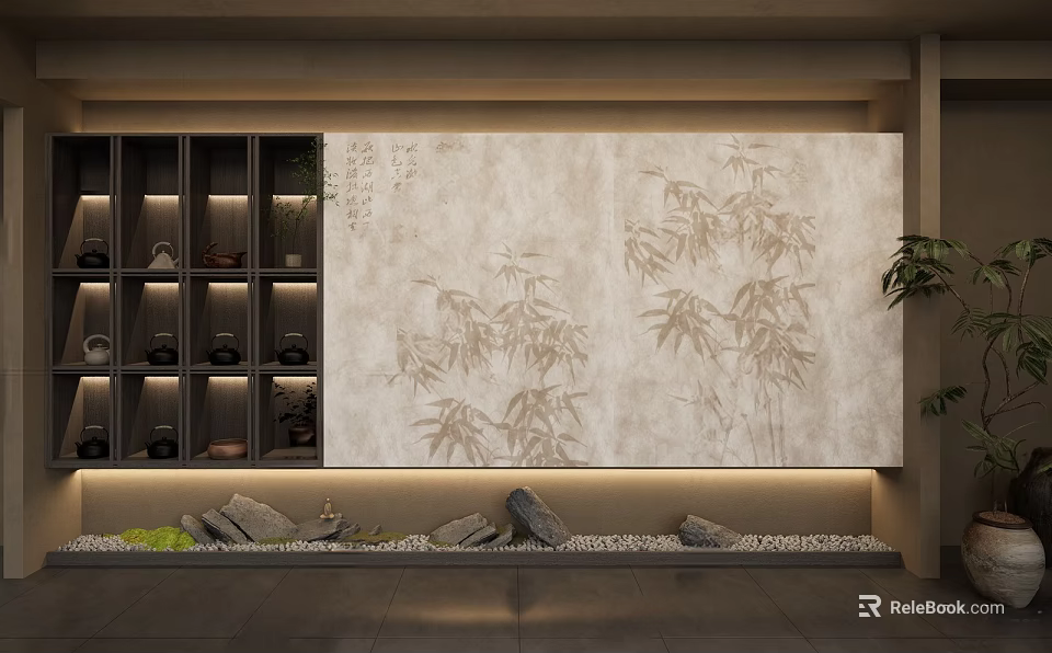 Traditional Tea Cabinet With Bamboo Pattern Wall And Displayed Tea Sets 3d model