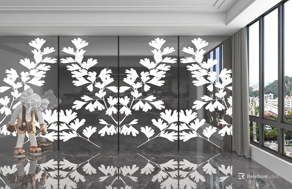 Elegant Interior Space With White Leaf Pattern Wall Paneling And Marble Floor Reflection 3d model 