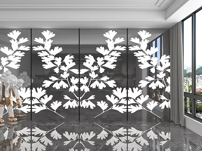 Elegant Interior Space With White Leaf Pattern Wall Paneling And Marble Floor Reflection 3d model